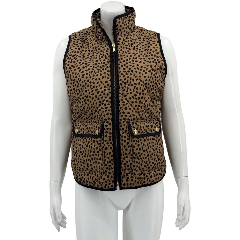 J Crew Vest Womens Small Tan Cheetah Print Quilted Puffer Preppy Safari Outdoors